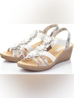 Rieker Antistress White Floral Leather Wedge Sandals Size 37 US 6-6.5